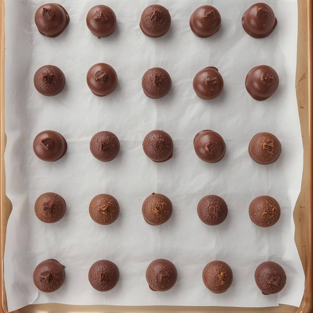 Parchment-lined baking sheet with rows of finished keto chocolate truffles dusted in cocoa powder