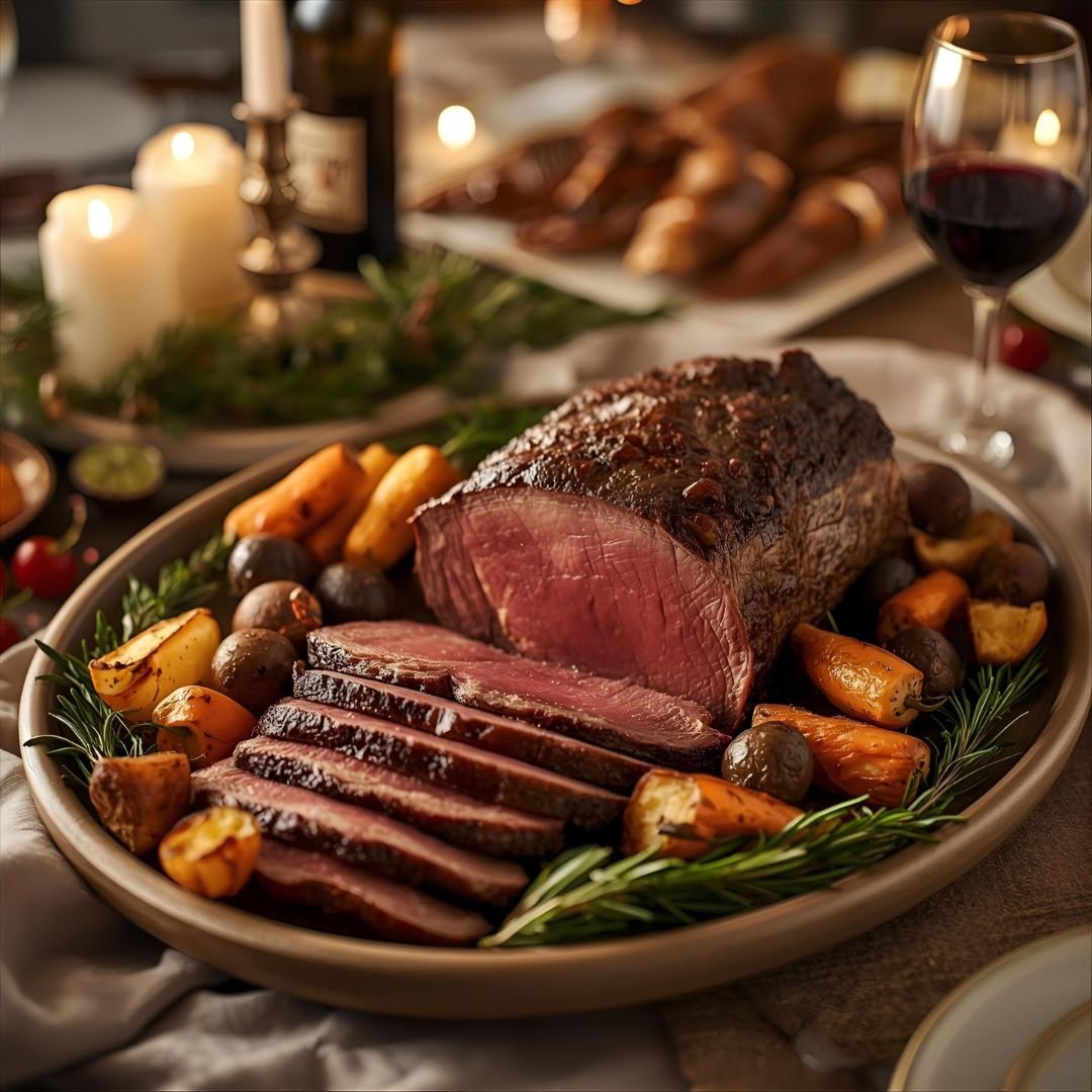 Sliced herb-crusted prime rib on a platter with roasted vegetables and rosemary, showing a pink medium-rare centre