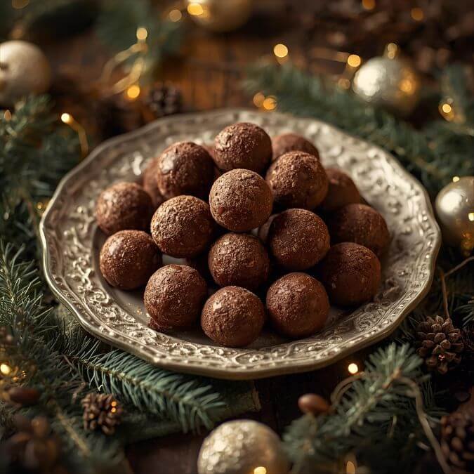 Plate of cocoa-dusted keto chocolate truffles made with olive oil
